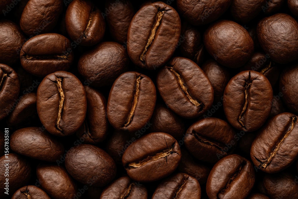 Obraz premium Detailed studio close-up of newly roasted espresso beans from a top-down perspective
