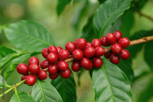 Wallpaper Mural Detailed view of vibrant red coffee cherries hanging on the branch Torontodigital.ca
