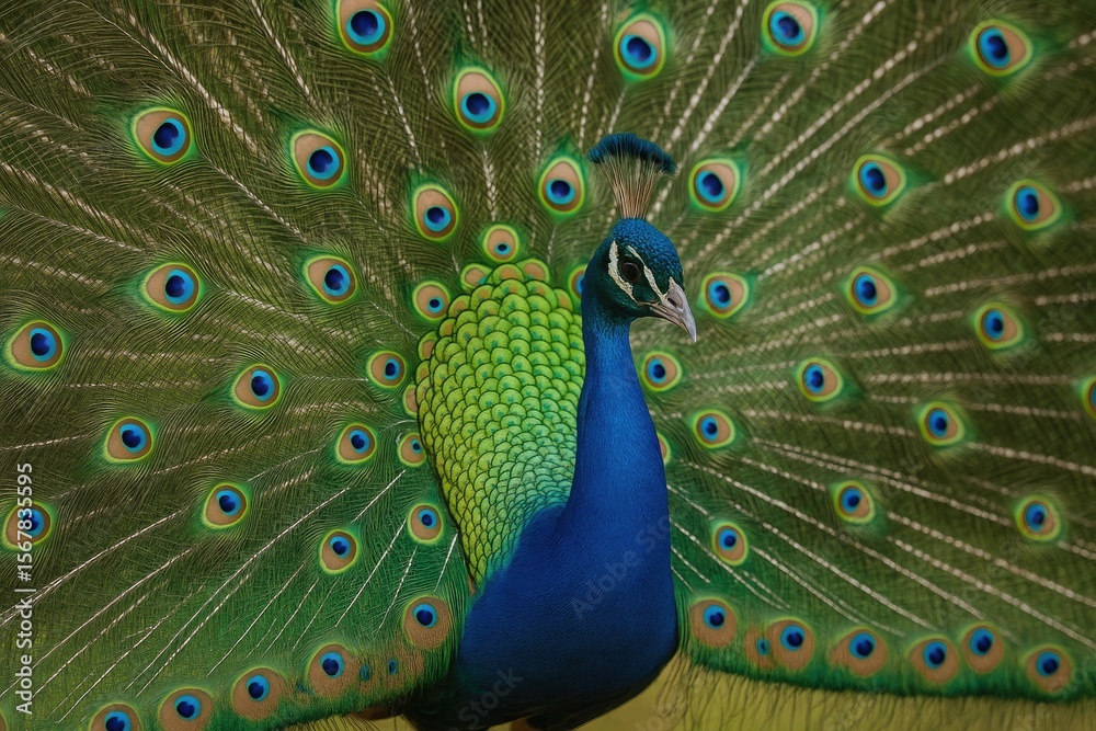Obraz premium Detailed view of a peacock showcasing its vibrant plumage
