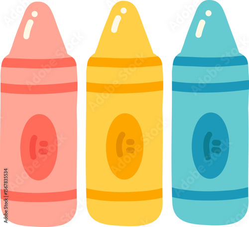 Colorful crayons in pink, yellow, and blue arranged in playful manner, perfect for school projects and artistic expression. These vibrant tools inspire creativity and imagination