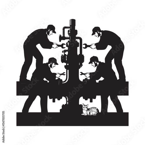 Four mechanics working together on industrial machinery with a cat observing