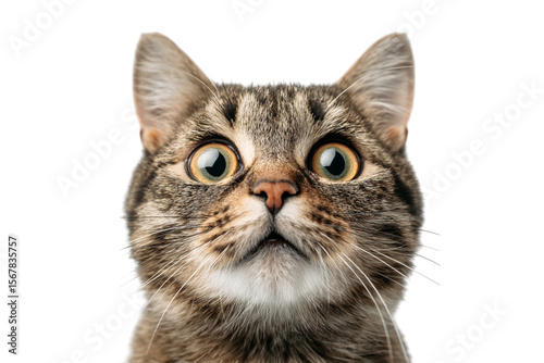  A surprised tabby cat looking up isolated on transparent background