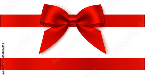Decorative Christmas red bow with horizontal ribbon isolated on white. Beautiful new year decoration for your design. Vector stock illustration.