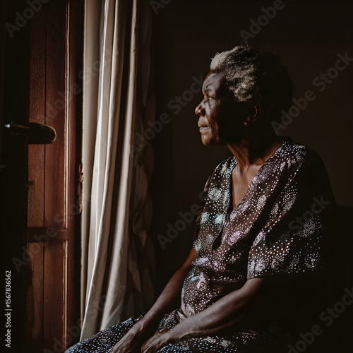 Elderly black woman sitting and looking out the window in thought