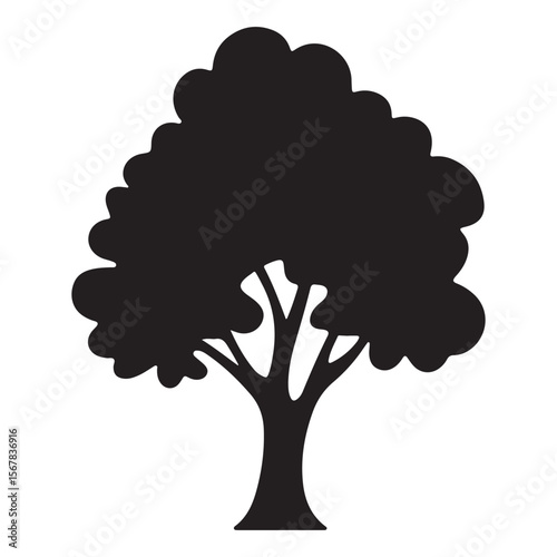 Simple black silhouette of a deciduous tree with a full leafy canopy against a white background