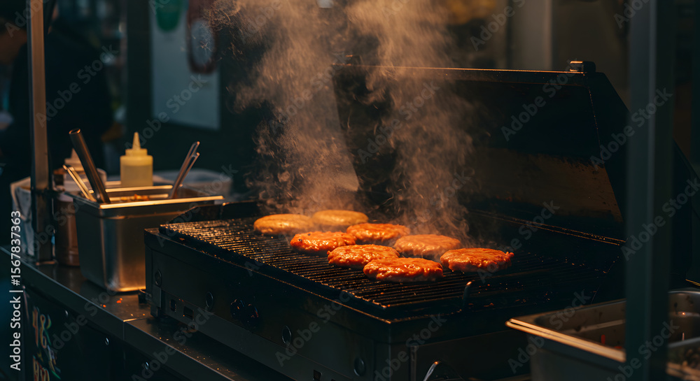 Sizzling Burgers on Grill at Food Truck Sizzling Burgers on Grill at Food Truck