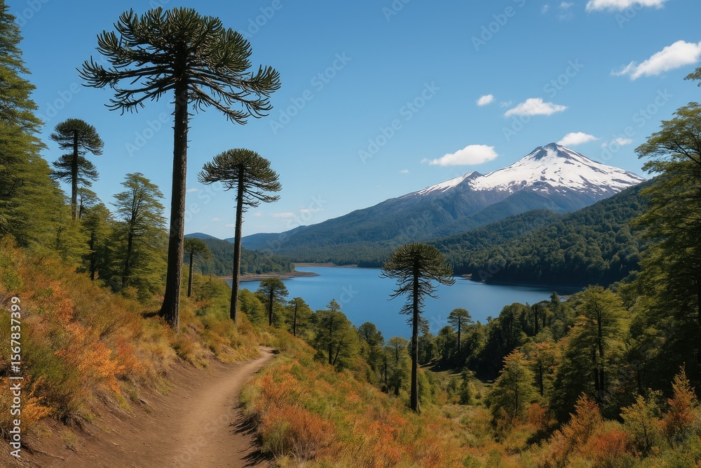 Obraz premium Discovering the wild: scenic trails, historic araucaria trees, serene lakes, and snowy landscapes in a natural sanctuary