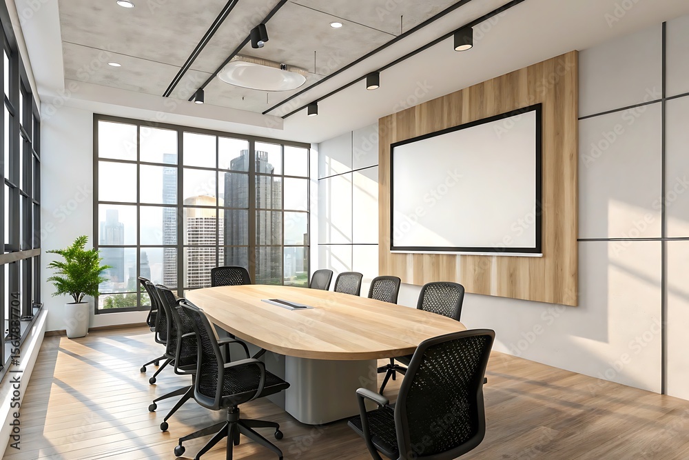 Fototapeta premium Modern Conference Room: Light Wood Table, City View, Blank Screen, Minimalist Design