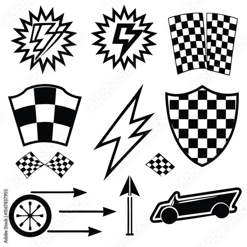 Black and White Racing Icons Set Speed Lightning Checkers Flag Car Wheel vector