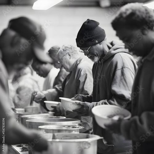 Homeless people waiting for food in soup kitchen
