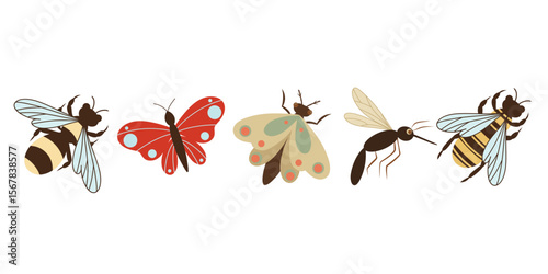 Insects vector set on a white background, moth, butterfly, mosquito bee, wasp insects. Hand drawn insects