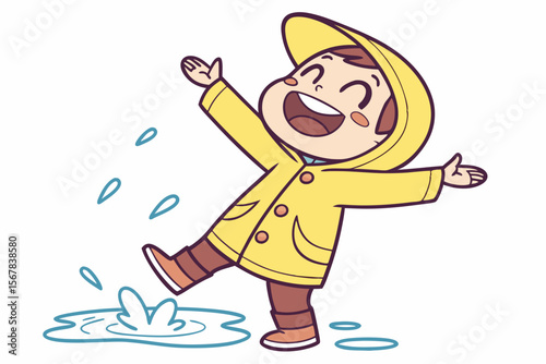 Vector cute Baby Boy cartoon character, with a happy, bubbly laugh and outstretched arms, wearing a bright yellow raincoat and splashing in a tiny puddle, in a joyful, energetic style, isolated on whi