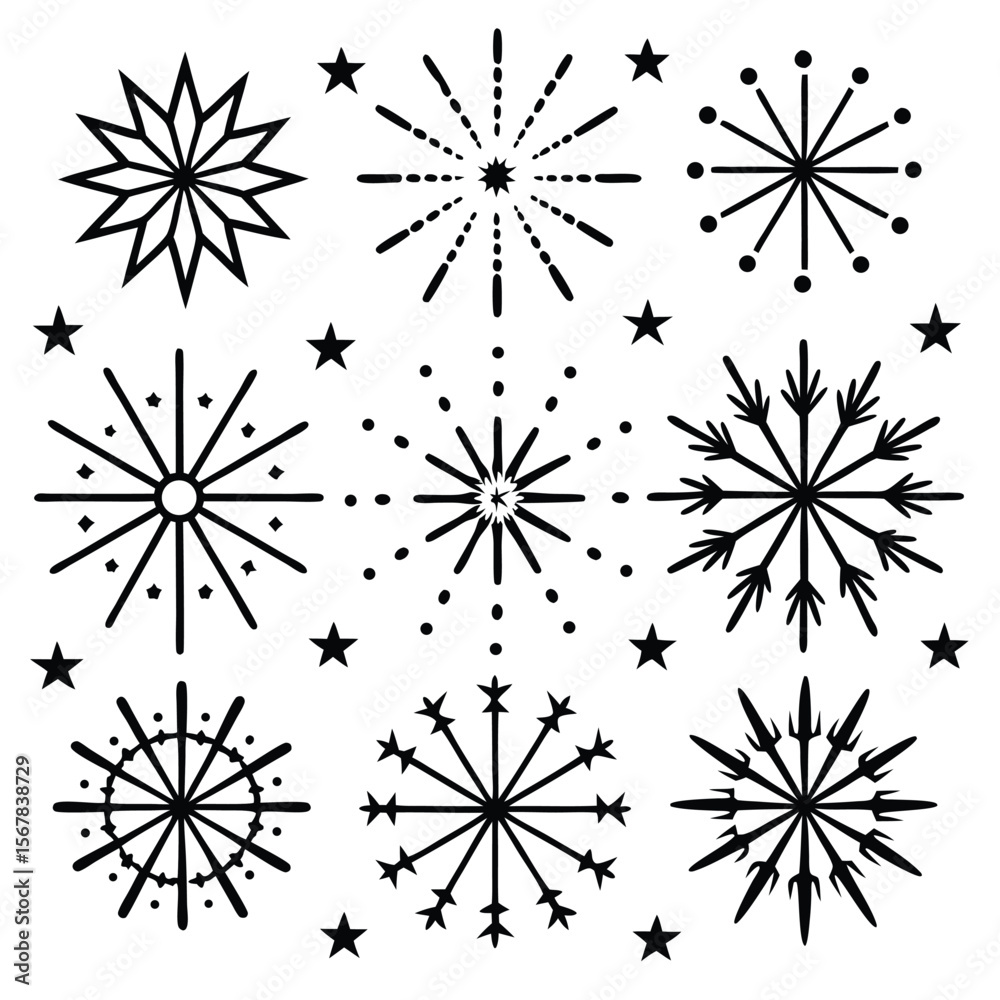 Obraz premium Black and White Starburst and Snowflake Designs Set Geometric Winter Holiday Festive Symbols
