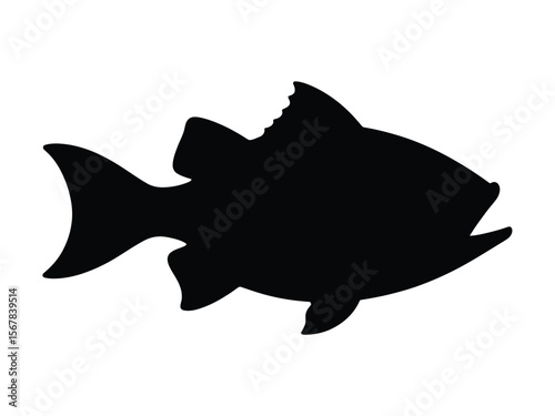 A minimalist black silhouette of a fish against a white background