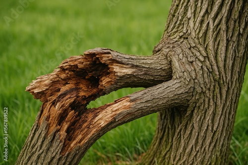 Detailed view of a decayed and fractured branch from a centuries-old willow in the meadow