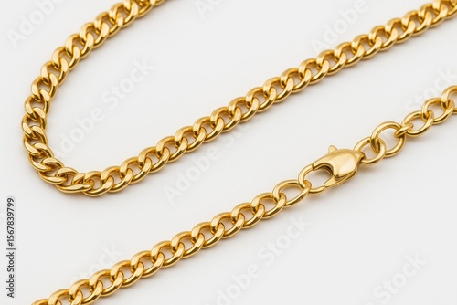 Detailed view of a shimmering gold necklace chain against a white background