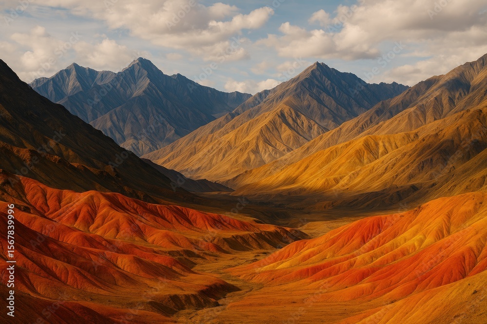 Naklejka premium Vibrant Scenery of Mountainous Terrain Featuring Unique Rock Structures