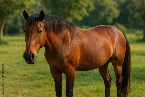 Detailed shot of a solitary brown horse against a natural setting
