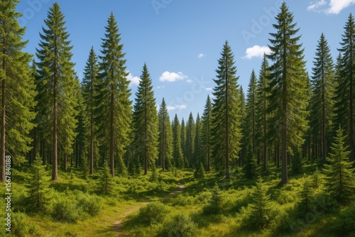 Bright sunshine illuminating a coniferous woodland
