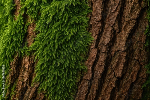 Detailed shot of vibrant green moss thriving on tree bark with a rugged brown surface