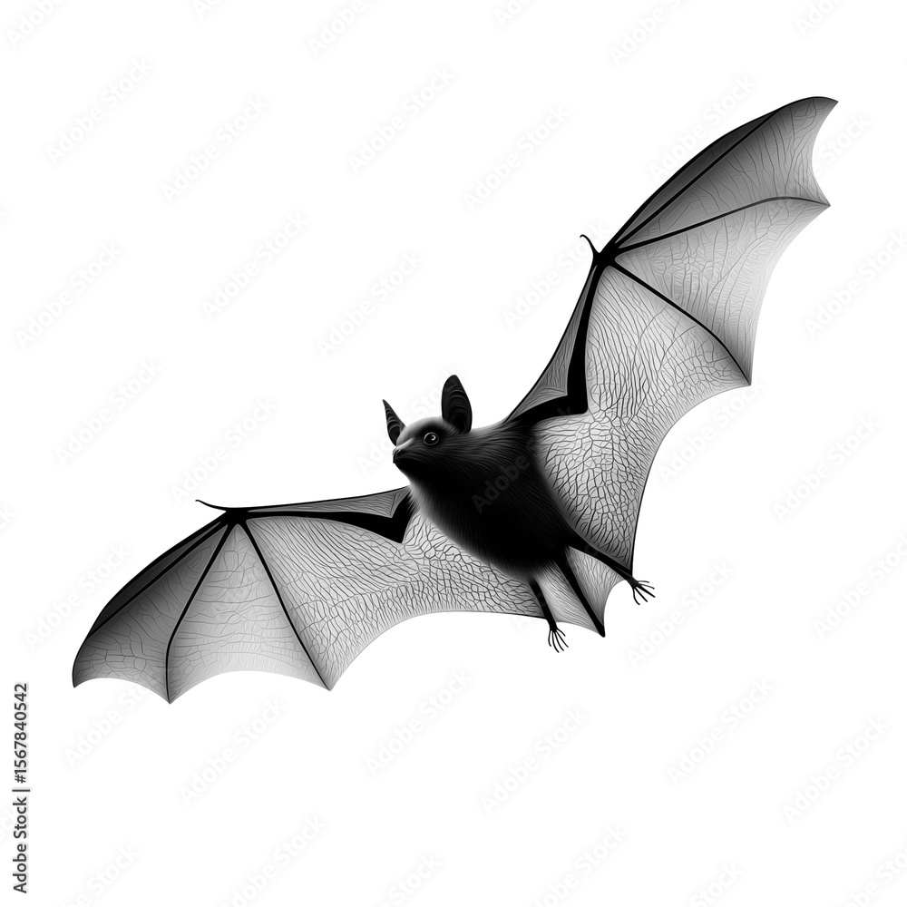 Fototapeta premium Black bat flying with spread wings on white background 