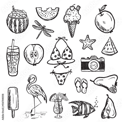 Summer vacation equipment. Straw hat, swimming suit, dragonfly, flamingo, watermelon camera, beverage in black brush stroke texture. Hand drawn vector sketch illustration in vintage charcoal ink.