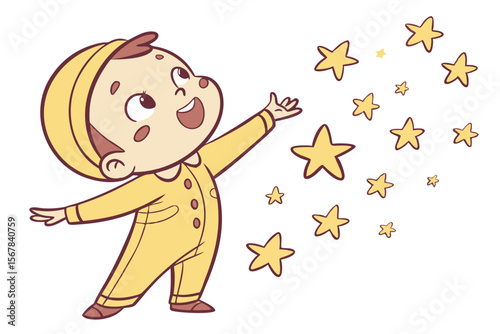 Vector cute Baby Boy cartoon character, with a joyful expression and arms outstretched, wearing a sunny yellow outfit and surrounded by tiny stars, in a magical, enchanting style, isolated on white ba