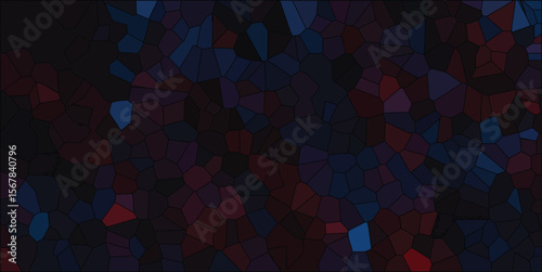 A stained glass mosaic depicting a fragmented and textured composition with shaded tones of red blue and black illustrating an artistic appearance