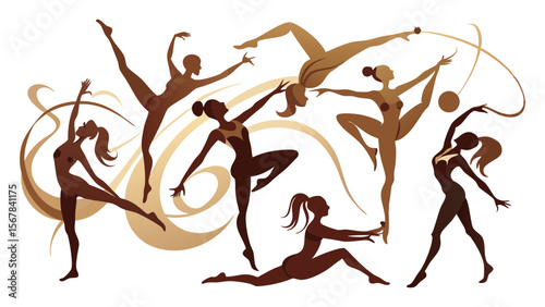 Vector art of group of gymnasts performing with hoops, ribbons, and balls, isolated on transparent background