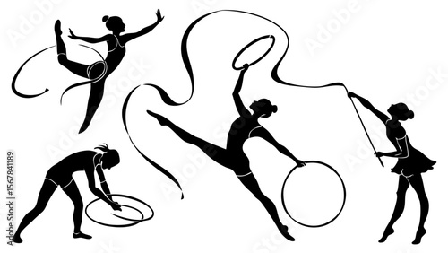 Vector art of silhouettes of gymnasts performing with hoops and ribbons, isolated on transparent background