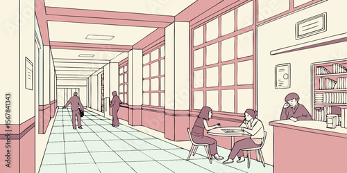 Vector art of people in a bright school hallway with large windows and a cafe area