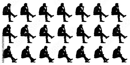 Vector art of a collection of diverse male silhouettes sitting in various contemplative poses