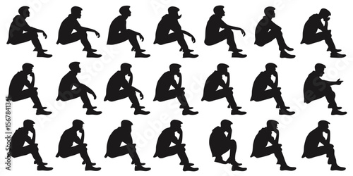 Vector art of a repeating pattern of male silhouettes in various seated contemplative positions