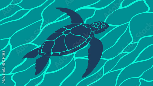 Vector art of a dark blue sea turtle swims gracefully through rippling teal water