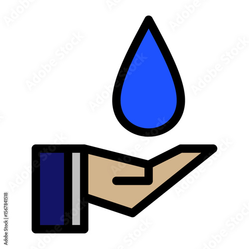 Flat colored icon of an open hand holding a blue water droplet. Represents themes such as water conservation, hygiene, donation, charity, clean water access, and humanitarian aid.