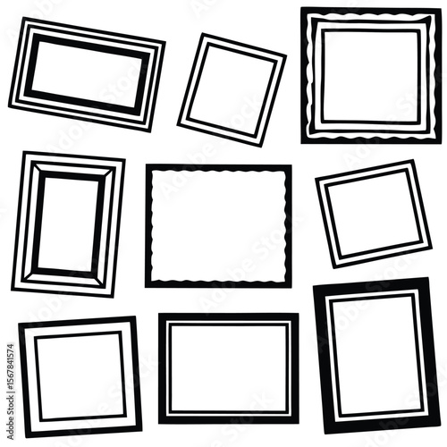 Nine Black and White Picture Frames Various Shapes and Sizes Simple Line Art Design Elements