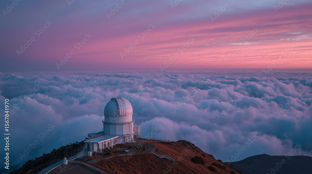 Obraz premium Stunning mountaintop observatory with colorful clouds at sunset in a tranquil sky above