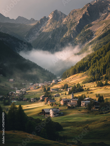 Small village nestled between mountains and rolling hills in the early morning light with mist enveloping the valley below