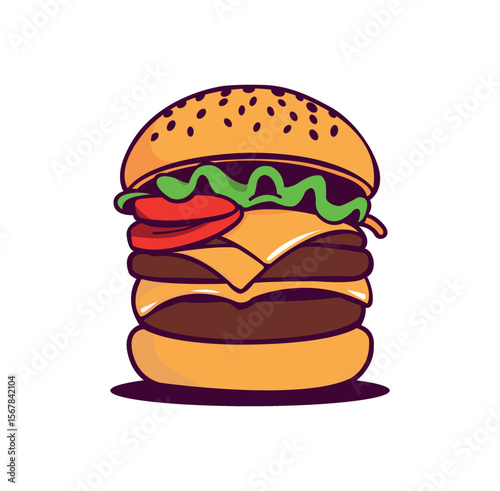 Cute Fast Food Burger Logo with Cheese, Lettuce, and Tomato