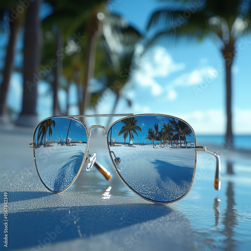 stylish aviator sunglasses reflecting tropical beach scenes, cut out white 