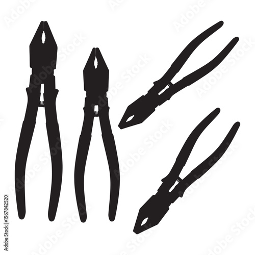 Black Silhouette of Four Different Sizes of Pliers Isolated on White Background Tool Set Hardware Equipment Mechanic Repair D I Y