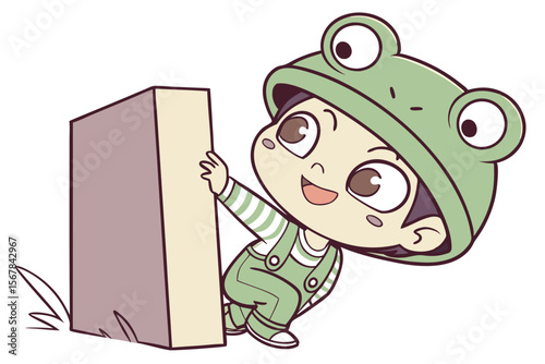 Vector cute Baby Boy cartoon character, with a mischievous grin and twinkling eyes, wearing a green frog hat and peeking from behind a giant block, in a whimsical, fun style, isolated on white backgro