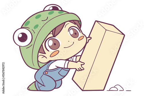 Vector cute Baby Boy cartoon character, with a mischievous grin and twinkling eyes, wearing a green frog hat and peeking from behind a giant block, in a whimsical, fun style, isolated on white backgro