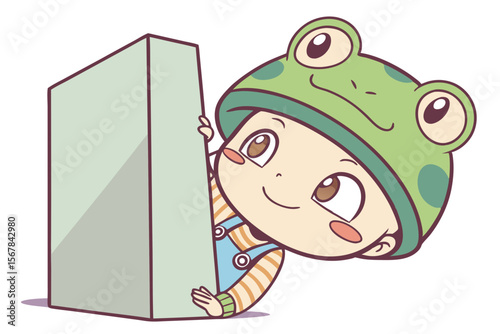 Vector cute Baby Boy cartoon character, with a mischievous grin and twinkling eyes, wearing a green frog hat and peeking from behind a giant block, in a whimsical, fun style, isolated on white backgro