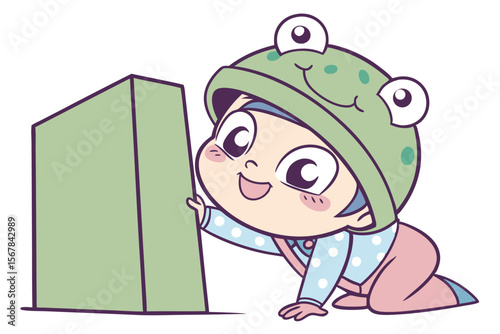 Vector cute Baby Boy cartoon character, with a mischievous grin and twinkling eyes, wearing a green frog hat and peeking from behind a giant block, in a whimsical, fun style, isolated on white backgro