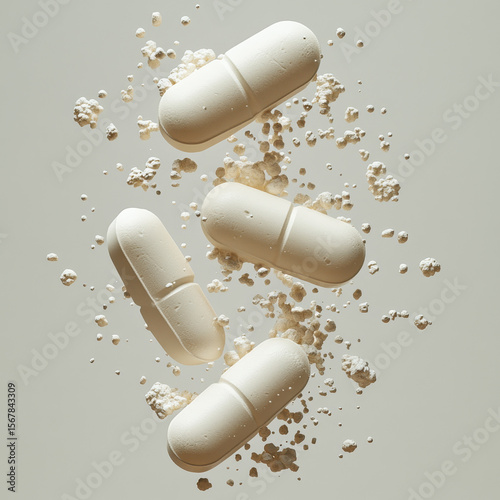 Three white pills floating in the air, cut out white