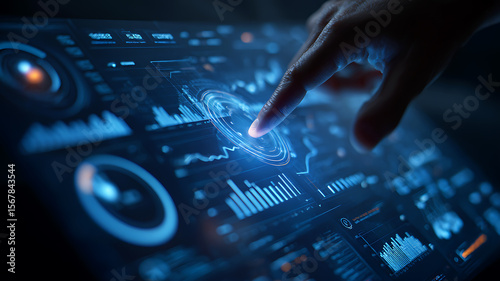 Hand interacting with futuristic touchscreen user interface showing digital data and analytics UI