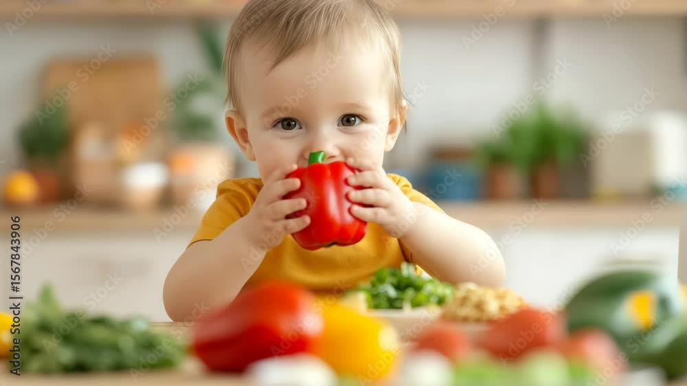 Happy Baby Holding a Red Bell Pepper Among Fresh Vegetables. Happy Baby Holding a Red Bell Pepper Among Fresh Vegetables.