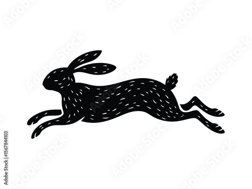 A minimalist black silhouette of a running hare against a white background