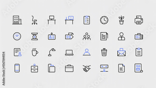 Minimalist Line Art Office Icons – Clean Grid Layout
